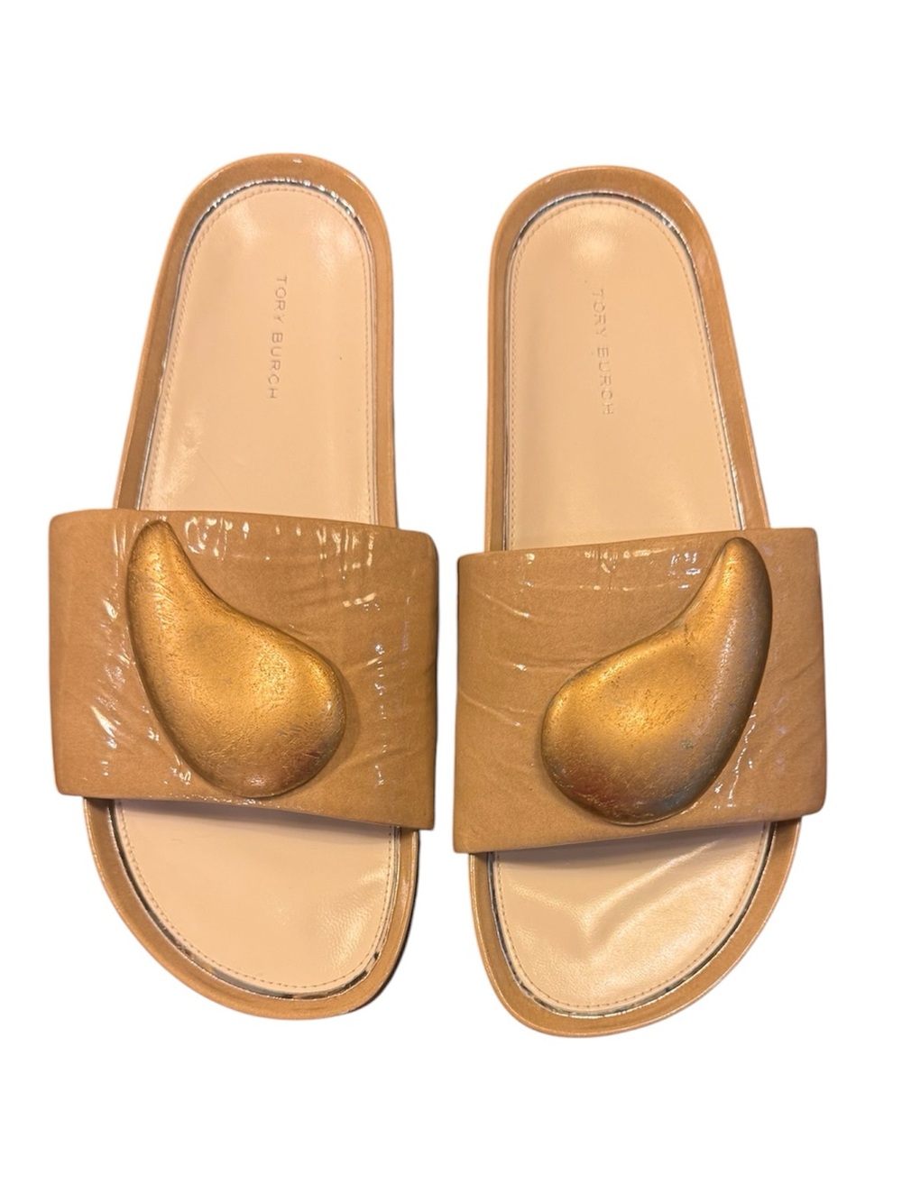 Tory Burch Patos Tan Patent Leather Slide Sandals w/ Gold Accents $375 Size 8